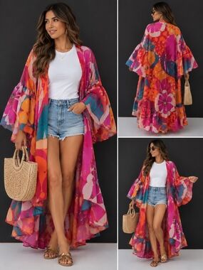 Boho Floral Kimono Cover Up Long Beach Cardigan Bell Sleeve Duster